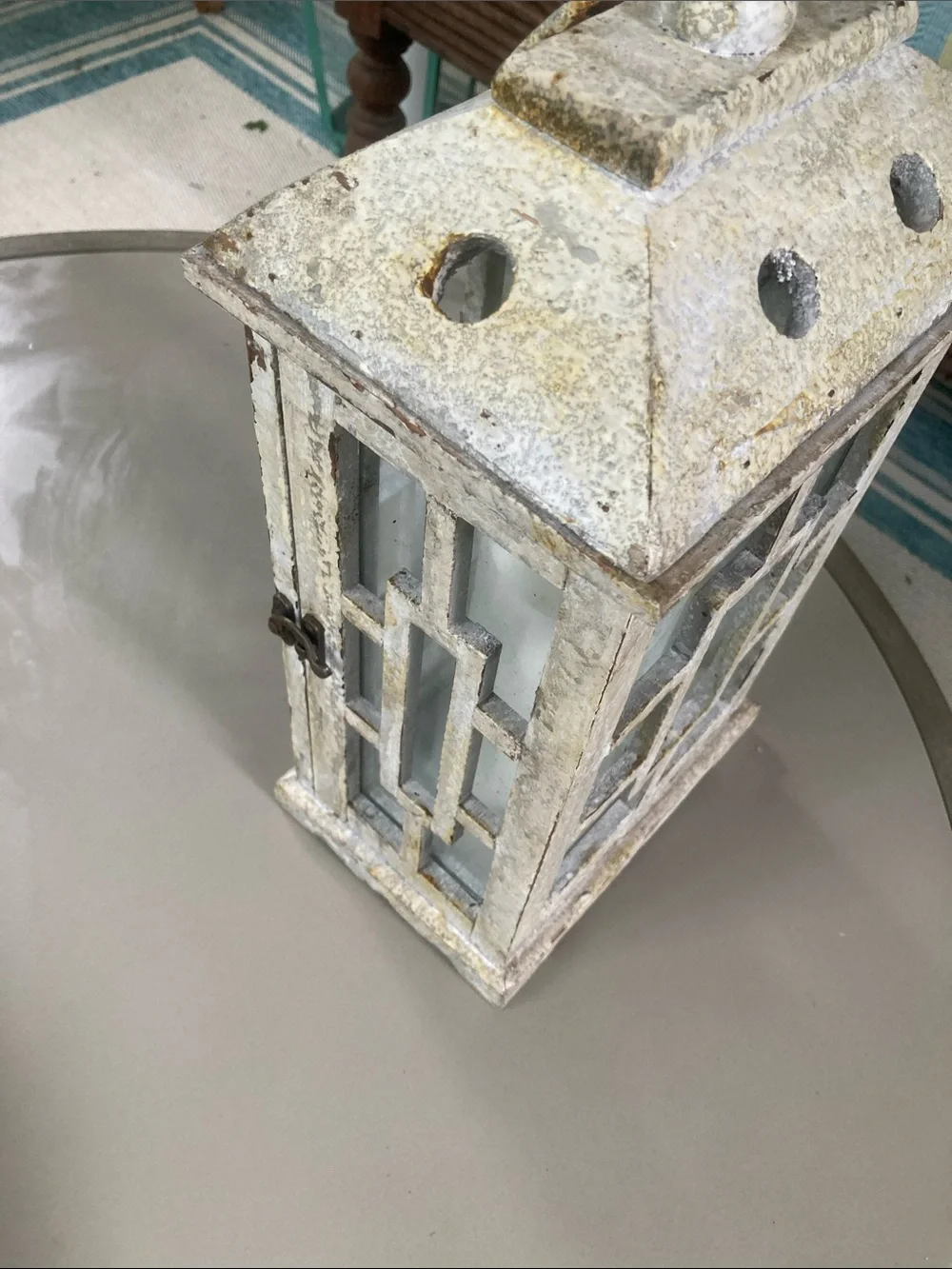Wood and glass paned porch lantern with battery operated wax candle